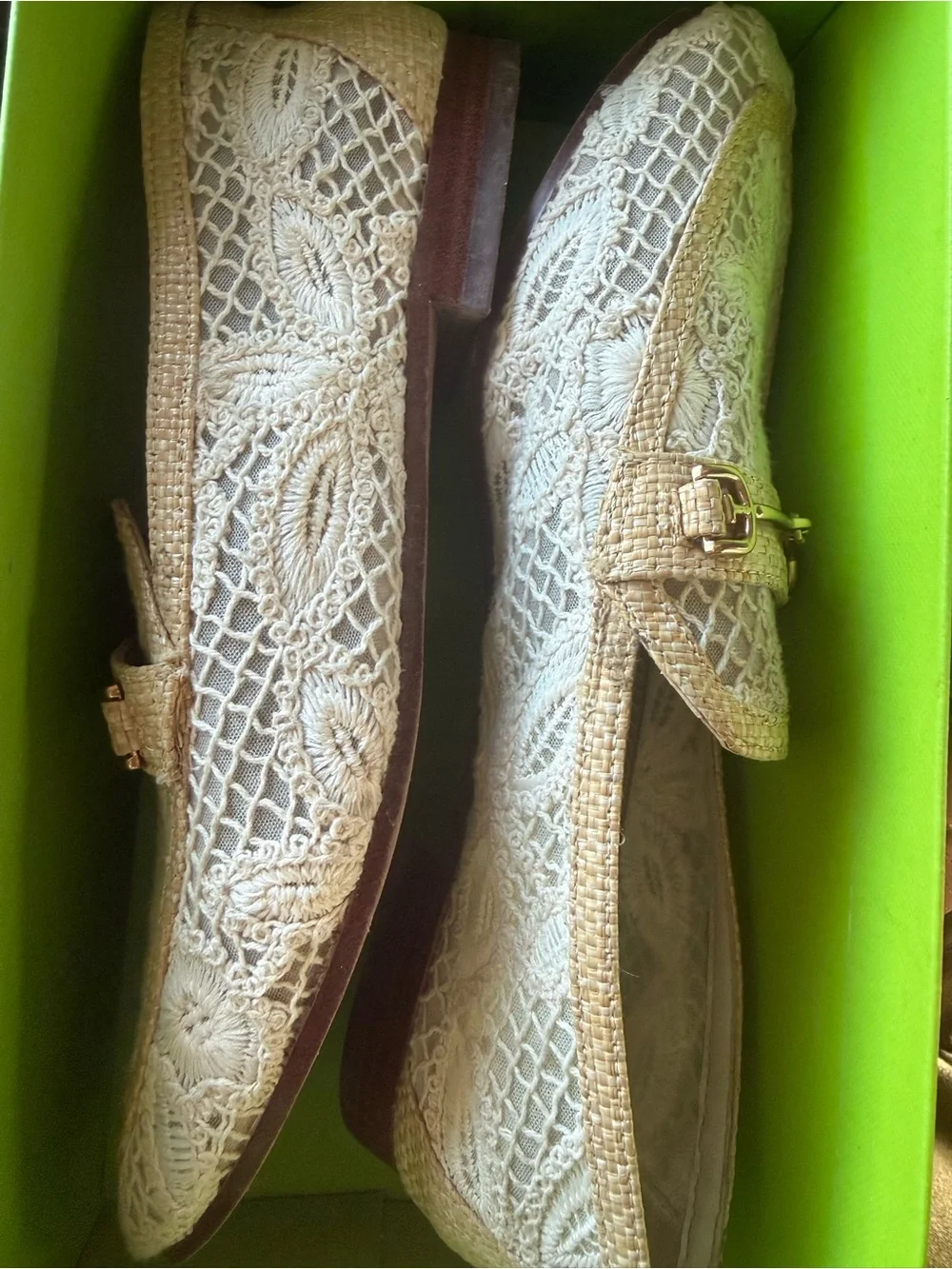 Sam Edelman women’s Cream Lace Loafers with Gold Accent